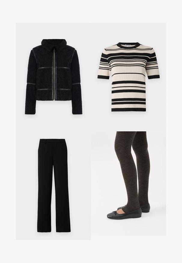 Veste en polaire noire avec un col haut, fermeture éclair avant et accents en cuir lisse. Présente une surface texturée et une silhouette structurée.; Haut en maille beige à manches courtes avec des rayures horizontales noires de différentes épaisseurs et un col rond noir.; Pantalons larges noirs en tissu lisse, avec une taille plate, deux poches latérales et une ceinture ajustée pour un look raffiné.; Jambes portant des leggings côtelés foncés associés à des ballerines noires avec de petits détails en nœud sur fond blanc.