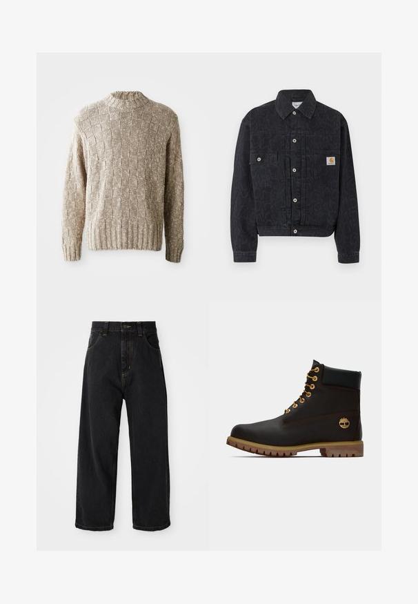 Veste en denim noire boutonnée avec un imprimé léopard discret, deux poches avant, et un petit patch logo carré Carhartt sur la poche droite.; Pull en tricot beige avec un motif de damier texturé, un col et un ourlet côtelés, et des manches longues. Fabriqué à partir d'un matériau doux et léger.; Jeans en denim noirs à coupe large avec taille haute, bouton avant, fermeture éclair et surpiqûres jaunes sur les poches et les coutures.; Bottine noire en cuir avec œillets dorés, accents marron et semelle en caoutchouc. Comprend un col rembourré et un logo estampé sur le côté.