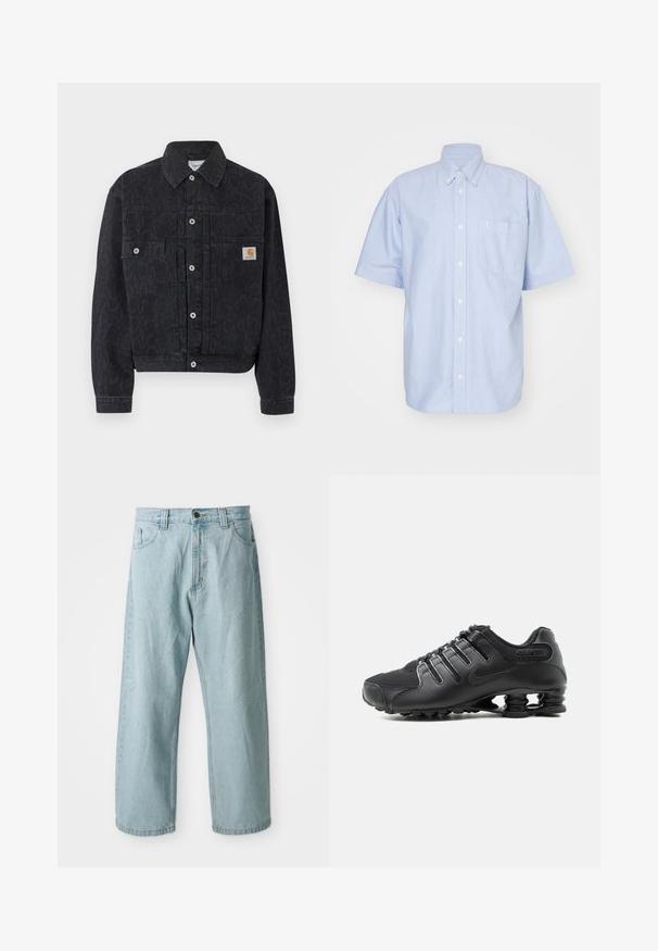 Zwarte denim jas met knopen, subtiele luipaardprint, twee voorzakken en een klein vierkant Carhartt-logo op de rechterzak.; Lichtblauw overhemd met korte mouwen van katoenen stof. Heeft een kraag en een borstzak. Eenvoudig, effen ontwerp.; Lichtblauwe denim jeans met een wijde pijp. Beschikt over vijf zakken, een sluiting met een voorknoop en rits, en een iets vervaagde textuur.; zwarte hardloopschoen met gestructureerd bovenwerk, veterluiting en kenmerkende veerachtige zoolsteun zichtbaar op een witte achtergrond.