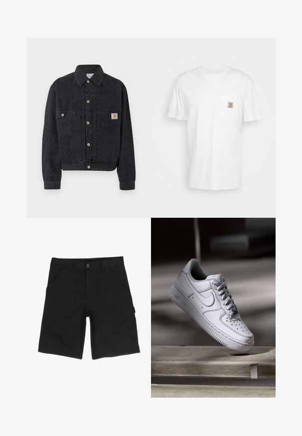 Veste en denim noire boutonnée avec un imprimé léopard discret, deux poches avant, et un petit patch logo carré Carhartt sur la poche droite.; T-shirt en coton blanc à manches courtes, avec une poche poitrine et un petit patch logo carré en orange et blanc sur la poche.; Shorts noirs en coton avec une taille plate, deux poches latérales, une fermeture à bouton et une poche cargo sur le côté pour un rangement supplémentaire.; La basket Nike Air Force 1 en cuir blanc présente un embout perforé, des lacets plats et une semelle en caoutchouc texturée avec le logo « AIR » sur le côté.