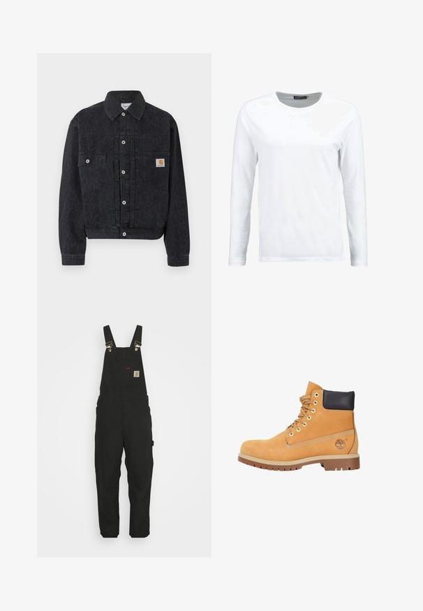 Zwarte denim jas met knopen, subtiele luipaardprint, twee voorzakken en een klein vierkant Carhartt-logo op de rechterzak.; Witte langemouwen T-shirt gemaakt van katoen, met een ronde hals en een gladde textuur. Geen patronen of accenten. Eenvoudig ontwerp.; Zwarte katoen salopettes met verstelbare banden, een voorkantzak met logo patch en twee zijzakken in een relaxte pasvorm.; Tan suède laars met een zwarte gewatteerde kraag, metalen oogjes en rubberen zool, voorzien van ton-sur-ton stiksels en een logo aan de zijkant.