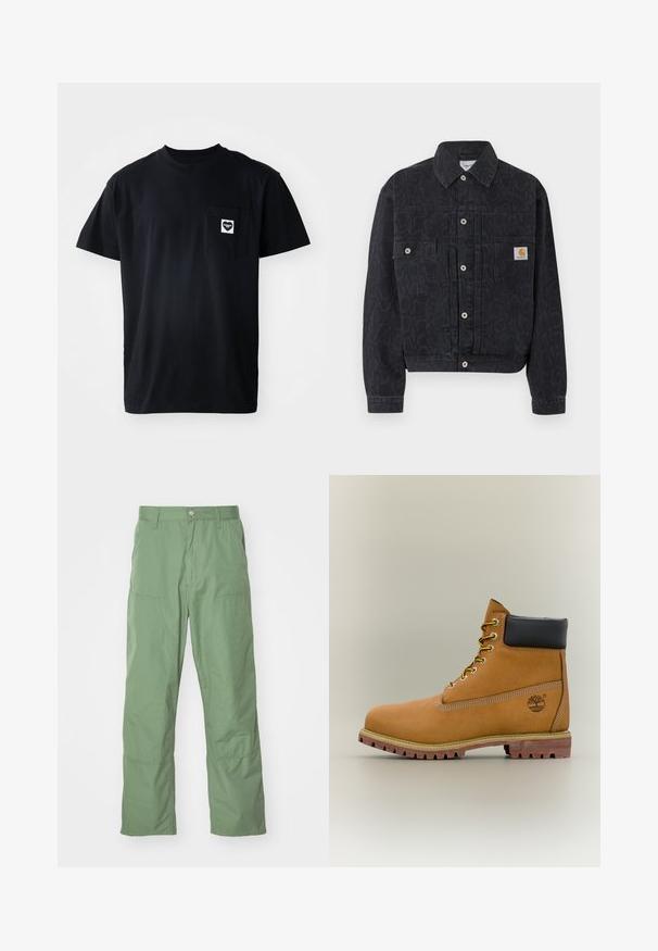 Chaqueta vaquera negra con botones, estampado sutil de leopardo, dos bolsillos frontales y un pequeño parche cuadrado con el logotipo de Carhartt en el bolsillo derecho.; Camiseta de algodón negra con cuello redondo, mangas cortas y un bolsillo en el lado izquierdo del pecho que presenta un logotipo en forma de corazón en blanco.; Pantalones de corte relajado en un suave tono verde claro, con una textura lisa, que incluyen bolsillos laterales y detalles de costura visibles. De largo completo con un diseño de pierna recta.; Bota de tobillo de cuero marrón con cuello negro, cordones amarillos y suela beige. Presenta un logotipo y detalles de costura blanca. Suela exterior con tracción robusta.
