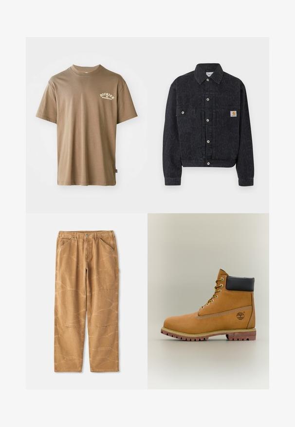 Zwarte denim jas met knopen, subtiele luipaardprint, twee voorzakken en een klein vierkant Carhartt-logo op de rechterzak.; Bruine katoenen T-shirt met een ronde hals, korte mouwen en een wit logo met de tekst "Dickies Workwear" op de linkerkant van de borst.; Beige katoenen broek met een losse pasvorm, voorzien van zichtbare stiknaden, patchedetails en een licht gerimpelde structuur.; Bruine leren enkellaars met zwarte kraag, gele veters en een zandkleurige zool. Voorzien van een logo en witte stikseldetails. Robuuste loopzool met grip.