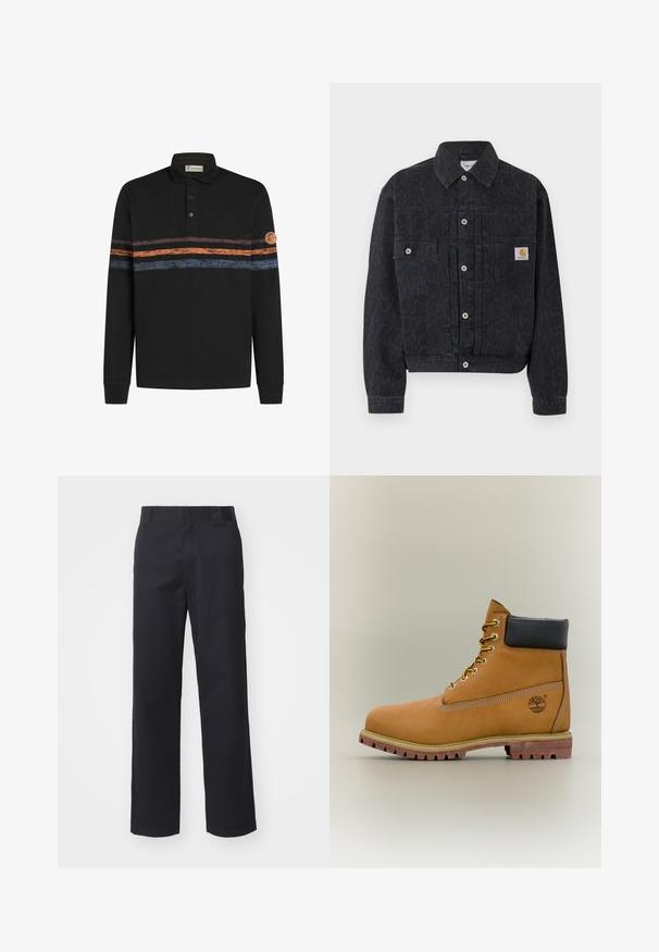 Schwarze Jeansjacke mit Knopfleiste und dezentem Leopardenmuster, zwei Fronttaschen und einem kleinen quadratischen Carhartt-Logo auf der rechten Tasche.; Schwarzes Langarm-Polohemd mit einem strukturierten horizontalen Streifenmuster in Orange und Blau, mit einem Logo-Patch auf dem linken Ärmel.; Schwarze gerade geschnittene Hose aus einem Baumwollmischgewebe. Verfügt über einen flachen Bund mit Gürtelschlaufen und keinerlei sichtbare Hardware oder Verzierungen.; Brauner Leder-Stiefelette mit schwarzem Kragen, gelben Schnürsenkeln und hellbrauner Sohle. Verfügt über ein Logo und weiße Ziernähe. Robuste Profilsohle.