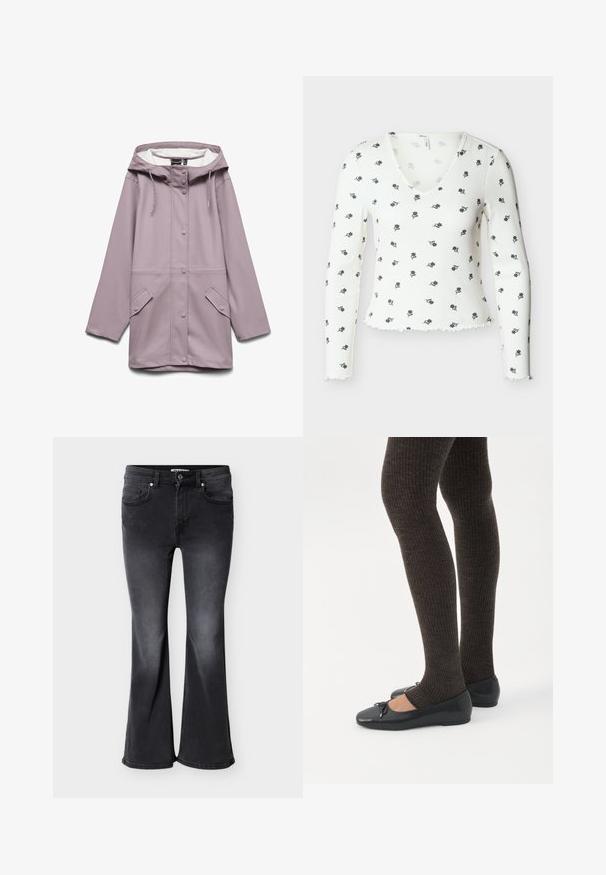 Long imperméable lavande avec capuche, boutons-pression à l'avant, cordons de serrage et deux poches à rabat, présenté sur fond blanc.; Haut blanc côtelé à manches longues avec décolleté en V et petits imprimés floraux noirs, avec ourlets festonnés sur les manches et le bas.; Jean évasé noir en denim, doté de quatre poches, passants pour ceinture, et d'une texture délavée avec une teinte légèrement plus foncée à l'ourlet.; Jambes portant des leggings côtelés foncés associés à des ballerines noires avec de petits détails en nœud sur fond blanc.