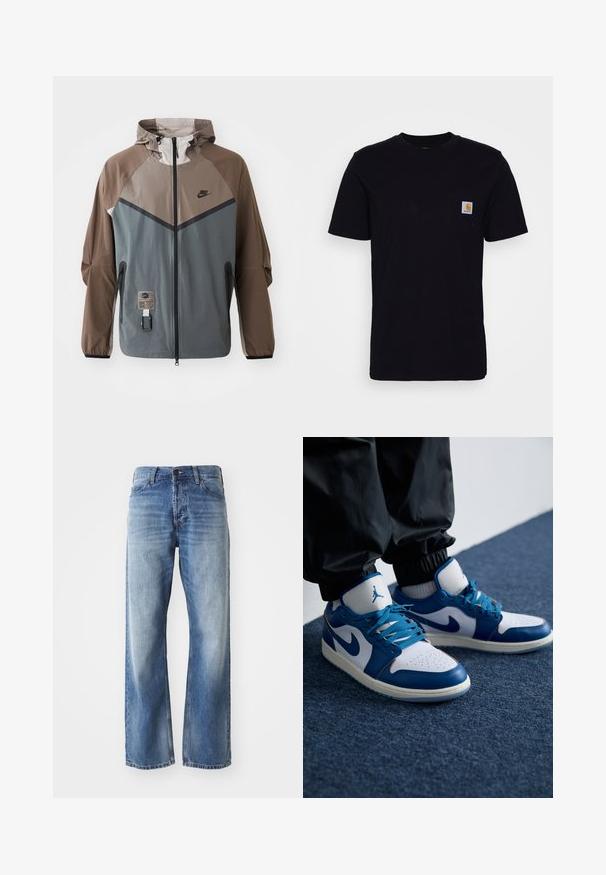 Nike μπουφάν με σχέδιο χρωματικών μπλοκ σε γκρι και καφέ, με κουκούλα με κορδόνι, κλείσιμο με φερμουάρ και πλαϊνές τσέπες. Λεπτομέρειες από υφαντό ύφασμα.; Μαύρη βαμβακερή μπλούζα με κοντά μανίκια, στρογγυλή λαιμόκοψη και τσέπη στο στήθος που διαθέτει ένα μικρό, τετράγωνο λογότυπο. Απλός, συμπαγής σχεδιασμός.; Μπλε τζιν straight-leg παντελόνι με ελαφριά φθορά στους μηρούς και γόνατα, διαθέτοντας πέντε τσέπες και κλείσιμο με κουμπί.; Τα παπούτσια Nike Air Jordan διαθέτουν λευκή δερμάτινη βάση με μπλε συνθετικά στοιχεία, περφοριέται μπροστινός τομέας και μπλε κορδόνια.