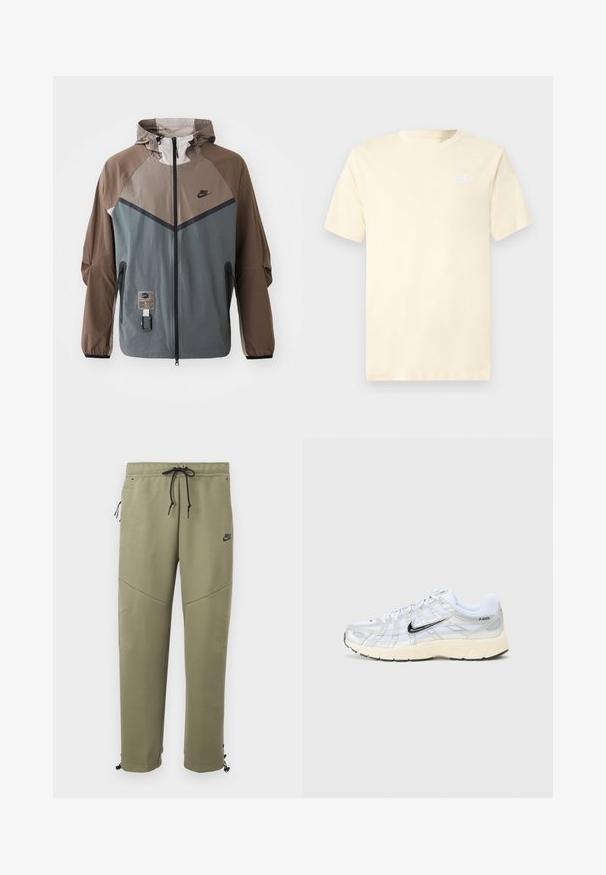 Nike-jakke med farveblokeret design i grå og brun, med snøre-hætte, lynlåslukning og sidelommer. Strukturerede stofdetaljer.; Let bomulds T-shirt i cremefarve med korte ærmer og rund halsudskæring. Har en lille hvid Nike-logo på venstre side af brystet.; Olivengrønne Nike joggingbukser med sorte snore, lynlåslomme i siden, knæpaneler og justerbare ankelsnore.; Hvide mesh sneakers med sølvdetaljer, sort Nike swoosh, polstret krave og tekstureret sål. Har et lagdelt design for stabilitet.
