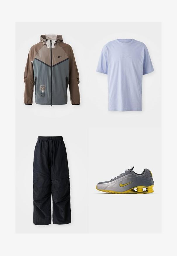Nike bunda s farebným blokovaním v šedej a hnedej farbe, s kapucňou na sťahovanie, zipsovým zapínaním a bočnými vreckami. Textúrované tkaninové akcenty.; Svetlomodré bavlnené tričko s okrúhlym výstrihom a krátkymi rukávmi. Má vystúpené logo "nike" v strede prednej časti. Mäkkučký materiál.; Čierne ľahké nylonové cargo nohavice s elastickým pásom, nastaviteľnou šnúrkou a viacerými vrstvovými vreckami na nohách.; Nike Sportswear SHOX R4 SE UNISEX - Tenisky - vast grey/bright citron/light graphite/smoke grey/white/black