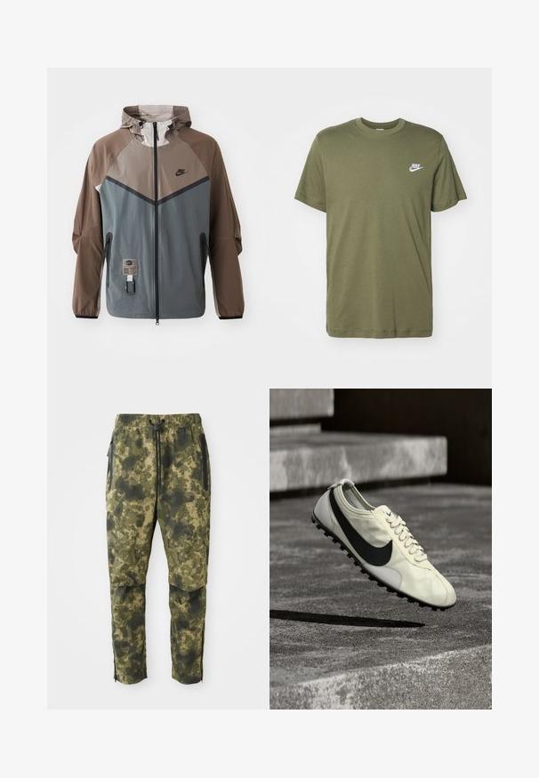 Nike bunda s farebným blokovaním v šedej a hnedej farbe, s kapucňou na sťahovanie, zipsovým zapínaním a bočnými vreckami. Textúrované tkaninové akcenty.; Olivovo zelené bavlnené tričko s krátkymi rukávmi a okrúhlym výstrihom. Na ľavej strane hrude je malé biele logo Nike.; Kárované nohavice v rôznych odtieňoch zelenej farby s digitálnym vzorom. Vybavené elastickým pásom, šnúrkou na stiahnutie a bočnými vreckami so zipsom.; Biela teniska Nike s čiernym logom Swoosh, šnúrkami a gumovou podrážkou s trakciou, zobrazená vo vzduchu nad betónovým schodiskom.