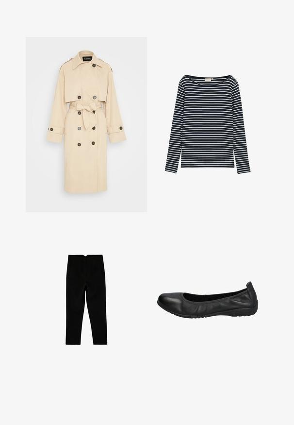 Beiger Trenchcoat mit einem kurz gehaltenen Design, doppelt knöpfbare schwarze Knöpfe, Gürtelbindung und Schulterklappen; glatte Stofftextur.; Navy und weiße gestreifte Langarmbluse mit weitem Ausschnitt, aus einem weichen Material gefertigt, mit gleichmäßig verteilten horizontalen Streifen.; Schwarze, maßgeschneiderte, knöchellange Hose mit Seitentaschen und leicht zulaufendem Bein, flach auf weißem Hintergrund ausgelegt.; Schwarze Leder-Ballettschuhe mit einer runden Spitze, glatter Textur und einem leicht elastischen Rand für zusätzlichen Komfort. Gummisohle für besseren Halt.