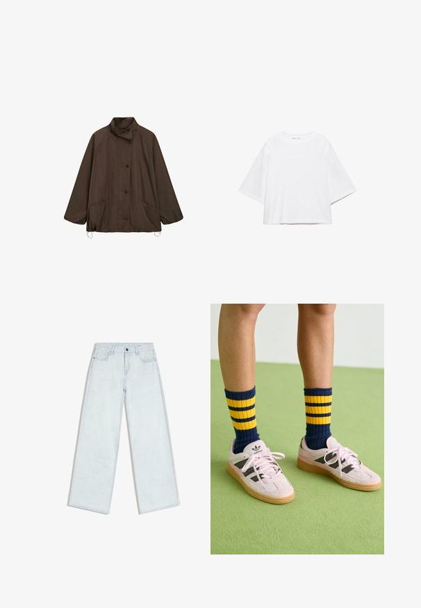 Brun knap-op jakke med høj krave, lange ærmer, to lommer og justerbare snore i kanten.; Hvid, kortærmet, løs t-shirt lavet af blød bomuld. Har rund halsudskæring og brede ærmer, med et rent, enkelt design.; Lyseblå vidde-jeans med forreste knap og lynlås, bæltestropper og fem-lomme design, lagt fladt på hvid baggrund.; Lyserøde ruskinds sneakers med sorte striber og gummisåler, parret med navy- og gule stribede ribbede sokker. Grøn struktureret gulv.
