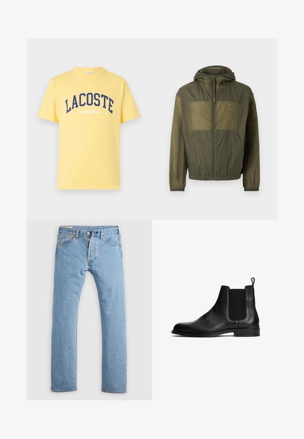 Chaqueta ligera de color verde oliva con capucha, cremallera frontal, puños elásticos y dos bolsillos frontales; cuenta con un tejido texturizado y detalle de logo.; Camiseta de algodón amarilla con el logo "LACOSTE" en azul marino y el texto "SPORTSWEAR" debajo. Diseño sencillo de cuello redondo con mangas cortas.; Jeans de mezclilla azul claro de pierna recta con cierre de botones, presillas para cinturón y bolsillos delanteros y traseros, mostrados sobre un fondo blanco.; Botas Chelsea de cuero negro con paneles elásticos en los costados, punta redonda, suela plana y lengüeta en la parte posterior para un fácil uso. Textura lisa.