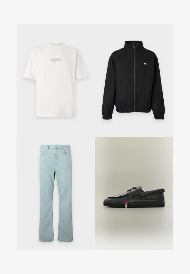 Zwarte zip-up jas van zacht materiaal met een hoge kraag. Bevat een klein logo in rood, wit en blauw. Elastische manchetten en zoom.; Witte katoenen t-shirt met een ronde hals en korte mouwen, voorzien van een klein grijs "HOLLISTER" logo gecentreerd op de borst.; Lichtblauwe denim jeans met een rechtvallende pijp, vijf zakken en een enkele knoopsluiting. Afgewerkt met subtiele stikseldetails.; Zwarte leren bootsschoen met veterdetails, platte rubberen zool en klein rood, wit en blauw Tommy Jeans-logo aan de zijkant.