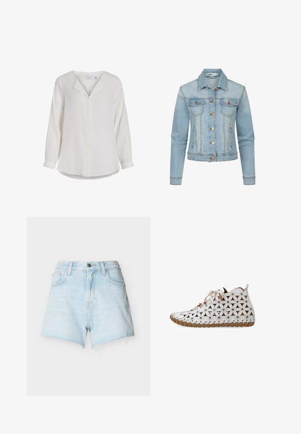 Lichtblauwe denimjack met knoopsluiting aan de voorkant, twee borstzakken en een klassieke kraag. Kenmerkende stiksels overal.; Witte blouse met lange mouwen van zachte stof, met een opstaande kraag, een voorflap en een afgeronde zoom.; Lichtblauwe denimshorts met rafelige zoom, stijl met vijf zakken, riemlussen en een metalen knoopsluiting aan de voorste tailleband.; Witte hoge sneaker met bruine geometrische bloemuitlijningen, beige veters en een dikke bruine rubberen zool, zijaanzicht op een witte achtergrond.