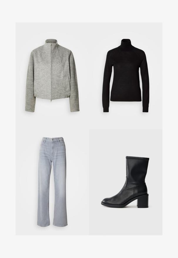 Grå kort jakke med høj krave, lynlås foran og ribstrikkede lange ærmer. Fremstillet af blødt, struktureret stof. Inkluderer sidelommer.; Sort turtleneck sweater lavet af et let strikket stof. Har lange ærmer og en tætsiddende silhuet med raglan-sømme.; Lys grå vidde jeans med høj talje, lavet af denim. Har forlommer, lynlås og subtil falmen over det hele.; Sort læder ankelstøvle med rund tå, glat tekstur og en grov hæl, der har et tætsiddende skaft og subtil syning.