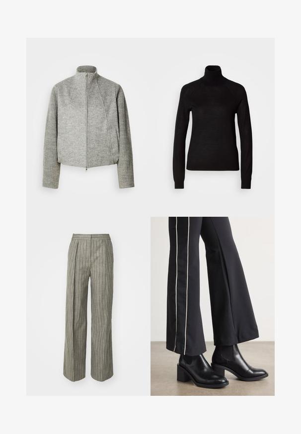 Chaqueta gris corta con cuello alto, cremallera frontal y mangas largas acanaladas. Hecha de tela suave y texturizada. Incluye bolsillos laterales.; Suéter negro de cuello alto hecho de un tejido de punto ligero. Presenta mangas largas y una silueta ajustada con costuras raglán.; Pantalones de pierna ancha a rayas grises con plisados, tejido texturizado, cintura alta y diseño confeccionado. Apta para uso casual o formal.; Botines de cuero negro con tacón cuadrado, con paneles laterales elásticos. Combinados con pantalones negros que tienen una franja blanca lateral.