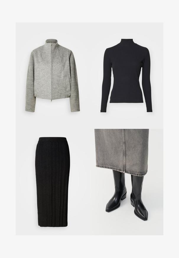 Graue, kurz geschnittene Jacke mit hohem Kragen, Frontreißverschluss und gerippten langen Ärmeln. Hergestellt aus weichem, strukturiertem Stoff. Mit seitlichen Taschen.; Schwarzes, geripptes Rollkragenoberteil mit langen Ärmeln. Aus dehnbarem Stoff mit figurbetonter Passform und hohem Kragen. Einfaches Design ohne Verzierungen.; Schwarzer Midi-Rock mit vertikalen Falten, aus strukturiertem Stoff gefertigt. Verfügt über einen elastischen Bund für Komfort. Anspruchsvolles, vielseitiges Design.; Schwarze Leder-Cowboystiefel mit spitzem Fuß und klobigem Absatz, die ein glattes Finish und ein elegantes Design aufweisen, kombiniert mit einem grauen Rock.
