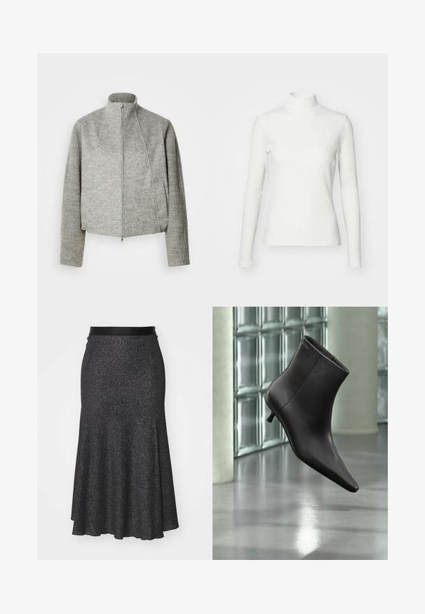 Grå kort jakke med høj krave, lynlås foran og ribstrikkede lange ærmer. Fremstillet af blødt, struktureret stof. Inkluderer sidelommer.; Hvid ribbet turtleneck blouse med lange ærmer, lavet af elastisk stof. Har et tætsiddende design og høj hals for god dækning.; Sort glitrende nederdel med flæser og en glat talje, lavet af tekstureret materiale, med en længere bagkant og en subtil glitrende effekt.; Sort læderankelstøvle med spids tå og lille hæl vist mod en væg af glasblokke og poleret gulv baggrund.