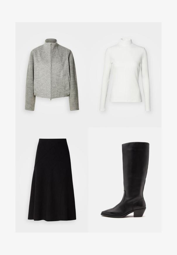 Graue, kurz geschnittene Jacke mit hohem Kragen, Frontreißverschluss und gerippten langen Ärmeln. Hergestellt aus weichem, strukturiertem Stoff. Mit seitlichen Taschen.; Weißes geripptes Turtleneck-Oberteil mit langen Ärmeln, aus elastischem Stoff. Verfügt über ein enganliegendes Design und einen hohen Kragen für zusätzlichen Schutz.; Schwarzer Woll-A-Linien-Rock mit mittelhohem Bund, der diagonale Nahtdetails und eine glatte Textur aufweist und knapp unter das Knie fällt.; Schwarzer Lederstiefel bis zur Wade mit spitzer Spitze und niedrigem schrägem Absatz vor einfachem hellem Hintergrund.