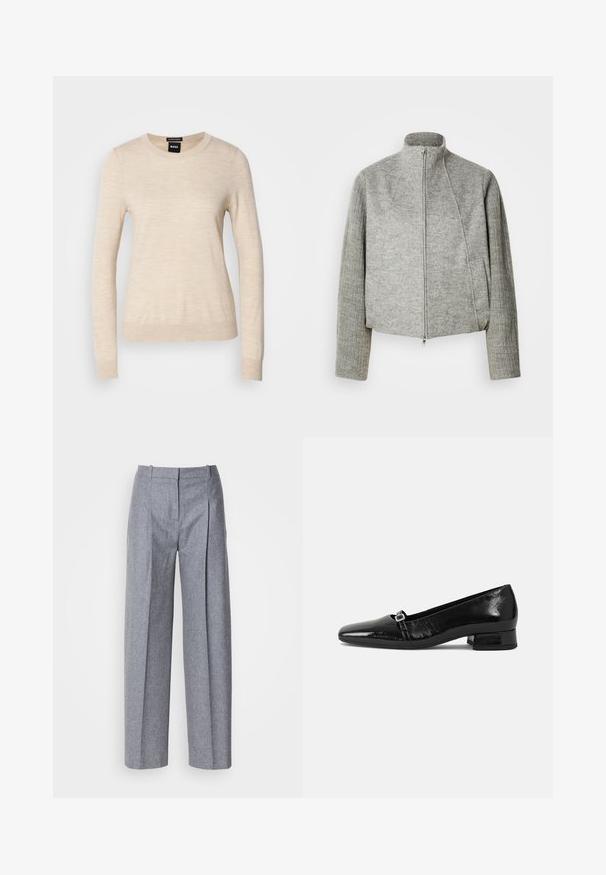 Grijze cropped jas met een hoge kraag, een ritssluiting aan de voorkant en geribbelde lange mouwen. Gemaakt van zachte, gestructureerde stof. Voorzien van zijzakken.; BOSS FERPINA - Trui - light beige; Lichtgrijze wijdluwe broeken van een gestructureerde stof, met plooien aan de voorkant en een fijne taille. Minimalistisch ontwerp, zonder zichtbare hardware.; Zwarte laarzen van gepatenteerd leer met een puntige neus, een lage vierkante hak en een kleine metalen gespdetail op de band. Gladde textuur.