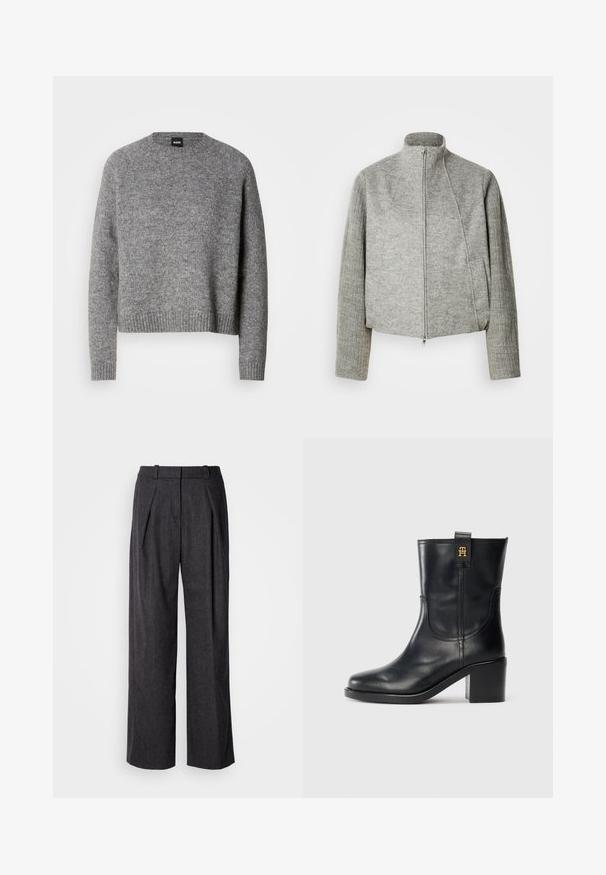 Grå kort jakke med høj krave, lynlås foran og ribstrikkede lange ærmer. Fremstillet af blødt, struktureret stof. Inkluderer sidelommer.; Grå strikket sweater med rund hals, lange ærmer og ribbede manchetter og kant. Blød tekstur; minimalistisk design uden mønstre eller accenter.; Mørkegrå brede benbukser i et struktureret stof, med frontfolder og et klassisk livdesign. Ingen synlige lommer.; Sorte læderstøvler til midt på læggen med blokhæl og guld "TH" logo på løftestation mod hvid baggrund.