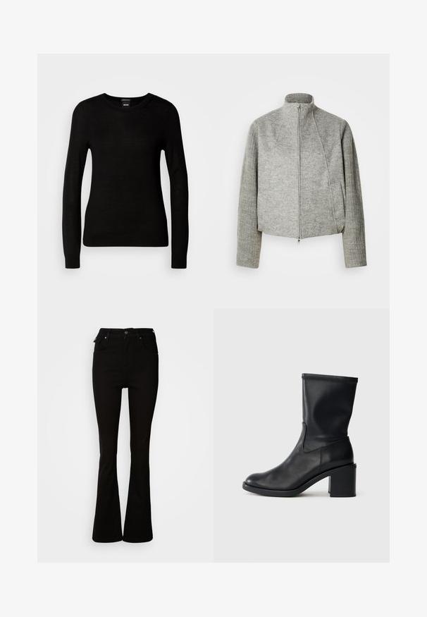 Chaqueta gris corta con cuello alto, cremallera frontal y mangas largas acanaladas. Hecha de tela suave y texturizada. Incluye bolsillos laterales.; Suéter negro confeccionado en un material de punto fino, con cuello redondo y mangas largas con puños ajustados. Sin patrones ni adornos visibles.; Jeans acampanados negros de denim, con una cintura alta, bolsillos frontales y un diseño clásico de cinco bolsillos con acentos de metal.; Botín negro de cuero hasta el tobillo con punta redonda, textura suave y tacón grueso, que presenta un eje ajustado y un sutil detalle de costura.