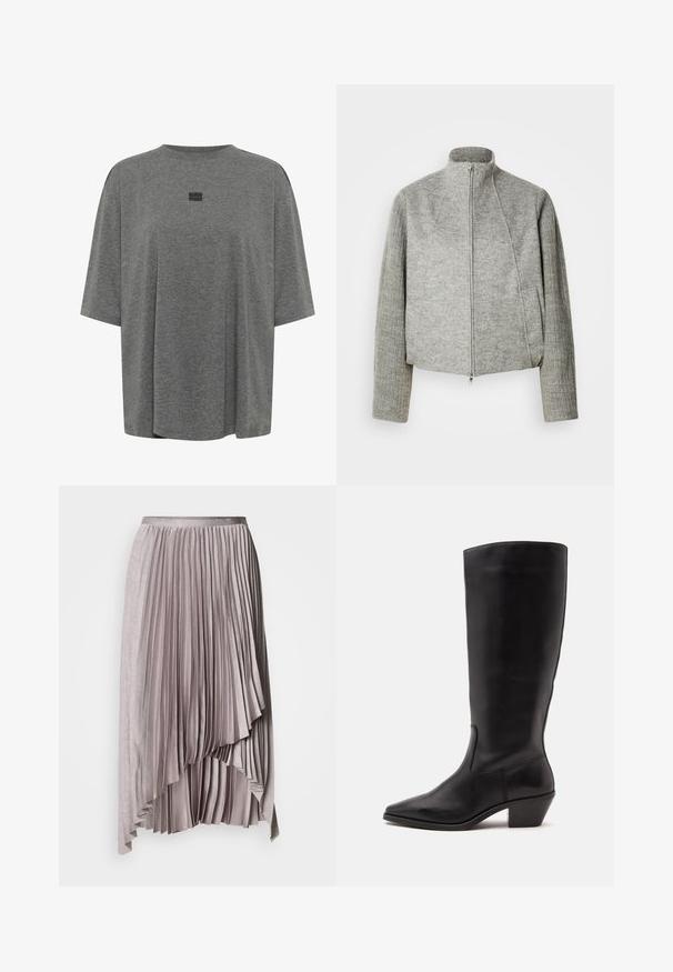 Veste courte grise avec col montant, fermeture éclair frontale et manches longues côtelées. Fabriquée en tissu doux et texturé. Poches latérales incluses.; T-shirt oversize gris en tissu doux. Présente un col rond, des manches courtes et un logo subtil au centre.; Jupe plissée asymétrique mauve clair avec ceinture en satin et ourlet en cascade superposé, sur fond uni.; Botte en cuir noire mi-mollet avec un bout pointu et un talon bas incliné sur un fond clair uni.