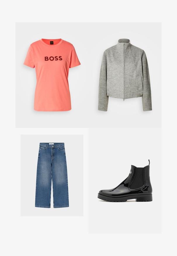 Grijze cropped jas met een hoge kraag, een ritssluiting aan de voorkant en geribbelde lange mouwen. Gemaakt van zachte, gestructureerde stof. Voorzien van zijzakken.; Koraalroze T-shirt met "BOSS" in vette zwarte letters over de voorkant gedrukt. Eenvoudige ronde hals en korte mouwen.; Blauwe spijkerbroeken met wijde pijpen, voorzakken en een ceintuur, met licht vervaagde plekken op de dijen.; HUGO TABITA - Regenlaarzen - black