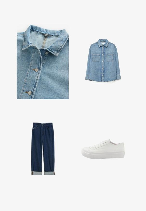 Helles, blaues Jeanshemd mit klassischem Kragen, zwei silbernen Knöpfen und kontrastierendem Stickmuster an der Knopfleiste und den Kragenrändern.; Hellblaues Jeanshemd mit Knöpfen, zwei Brusttaschen und langen Ärmeln, auf weißem Hintergrund dargestellt.; Dunkelblaue Jeans aus Denim mit geradem Bein, umgeschlagenen Säumen, sichtbarem Stich und klassischem Fünf-Taschen-Stil.; Weißer Sneaker mit niedrigem Schaft und Schnürung vorne, dicker Gummisohle und minimalen Nähten, von der Außenseite gezeigt.