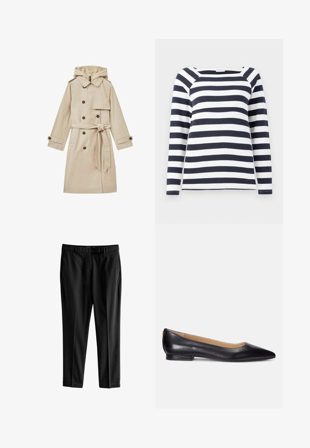 Reiss Trenchcoat - stone; TOM TAILOR STRIPED CARRE NECK - Longsleeve - lunar eclipse/off white; Next TAILORED SLIM - Broek - black; Zwarte leren ballerina's met een spitse neus, lage hak en een gouden accent op de hak. Glad textuur met een klassieke uitstraling.