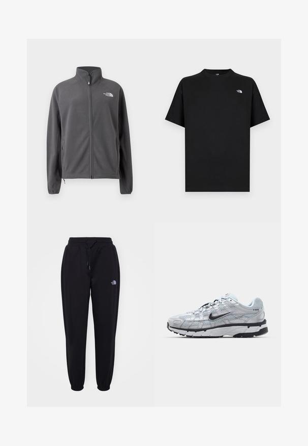 Mørkegrå fleecejakke med fuld lynlås, høj krave, sidelommer, elastiske manchetter og hvidt The North Face-logo på brystet.; Sort t-shirt med korte ærmer lavet af bomuld med rund hals. Har en lille hvid logo på venstre bryst og en standard pasform.; Sorte joggingbukser med elastisk talje og manchetter, snoretræk, sidelommer og lille hvid The North Face-logo på højre lår.; Nike P-6000 sneakers med en lys grå mesh overdel, sorte accenter og en holdbar sort gummisål. Har et detaljeret design og snøresystem.