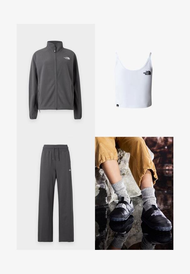 Mørkegrå fleecejakke med fuld lynlås, høj krave, sidelommer, elastiske manchetter og hvidt The North Face-logo på brystet.; Hvid croppet tanktop med tynde stropper, med The North Face-logo i sort på brystet og nær den nederste kant.; Mørkegrå sweatpants med vide ben, ribbet elastik i taljen og snøre, med en lille hvid logo på højre lår.; Sorte isolerede slip-on sko med teksturerede såler og hvidt logo, iført med grå strikkede strømper, parret med ribbede sennepsfarvede bukser.