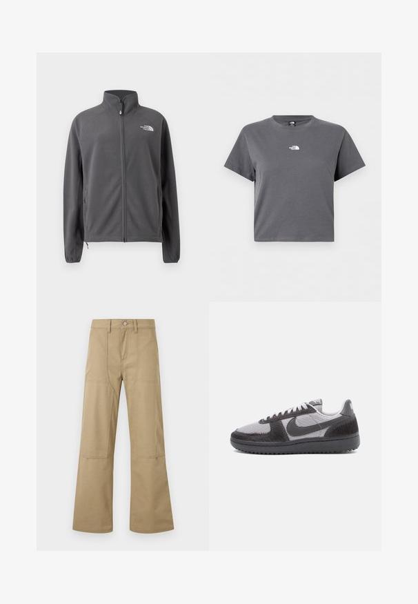 Mørkegrå fleecejakke med fuld lynlås, høj krave, sidelommer, elastiske manchetter og hvidt The North Face-logo på brystet.; Kortærmet cropped grå t-shirt med rund hals og lille hvid The North Face-logo centreret på brystet.; Beige bukser med høj talje og brede ben, udstyret med forlommer, bæltestropper og knaplukning. Enkel, holdbar stof med synlige sømme.; Lave sneakers med gråt mesh-stof, sorte teksturerede overlays, sort sål, hvide snørebånd og en sort Nike swoosh på siden.