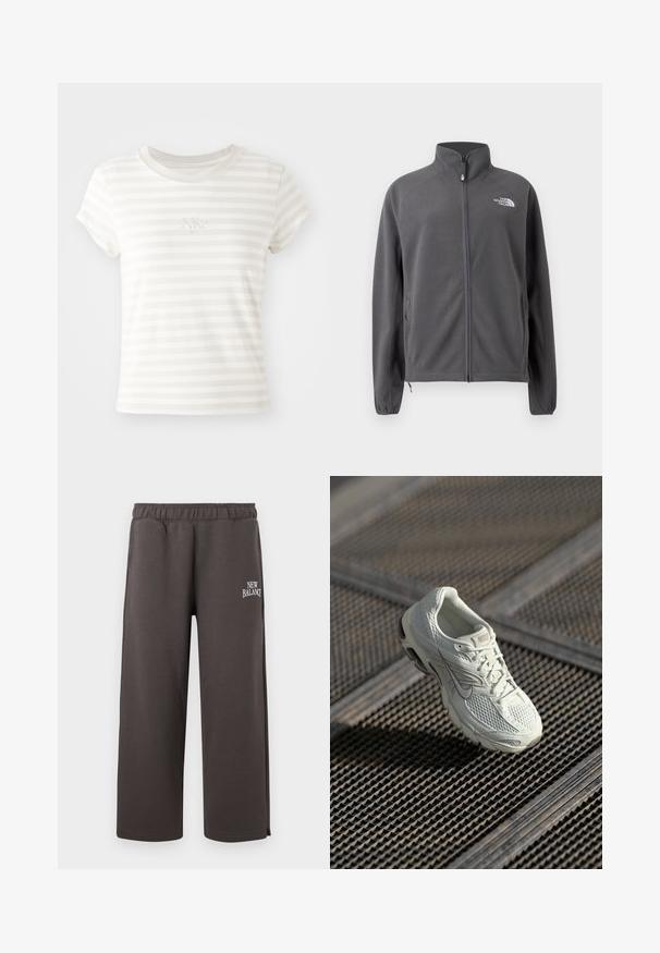 Tummanharmaa vetoketjullinen fleecetakki, jossa on korkea kaulus, sivutaskut, joustavat hihansuut ja valkoinen The North Face -logo rinnassa.; Valkoisiruudullinen lyhythihainen t-paita, joka on valmistettu pehmeästä puuvillasta. Siinä on pyöreä kaula-aukko ja pieni brodeerattu Nike-logo rinnassa.; Tummanharmaat suoralahkeiset collegehousut, joissa on joustava vyötärönauha ja pieni valkoinen "New Balance"-logo oikeassa reisiosassa.; Valkoinen Nike-juoksukenkä, jossa on verkko- ja synteettinen päällinen, lepää metalliverkko lattialla pehmeässä luonnonvalossa.