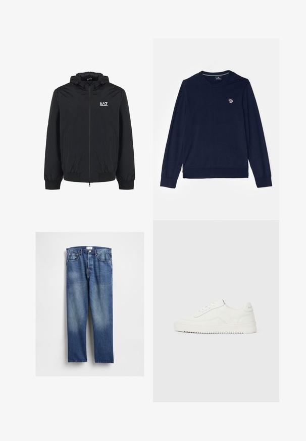 Schwarze Kapuzenjacke mit elastischen Bündchen und Saum, ausgestattet mit einem Frontreißverschluss und einem gestickten EA7-Logo auf der linken Brust. Leichtes Material.; PS Paul Smith MEN SWEATER CREW NECK - Strickpullover - dark blue; Blaue Denim-Jeans mit geradem Bein, vorne ausgeblichen, klassischem Fünf-Taschen-Design und Metallnieten an den Taschen.; Weißer Low-Top-Lederschuh mit Schnürverschluss, strukturierter Fersenschlaufe und leicht gerillter weißer Gummisohle auf schlichtem hellem Hintergrund.