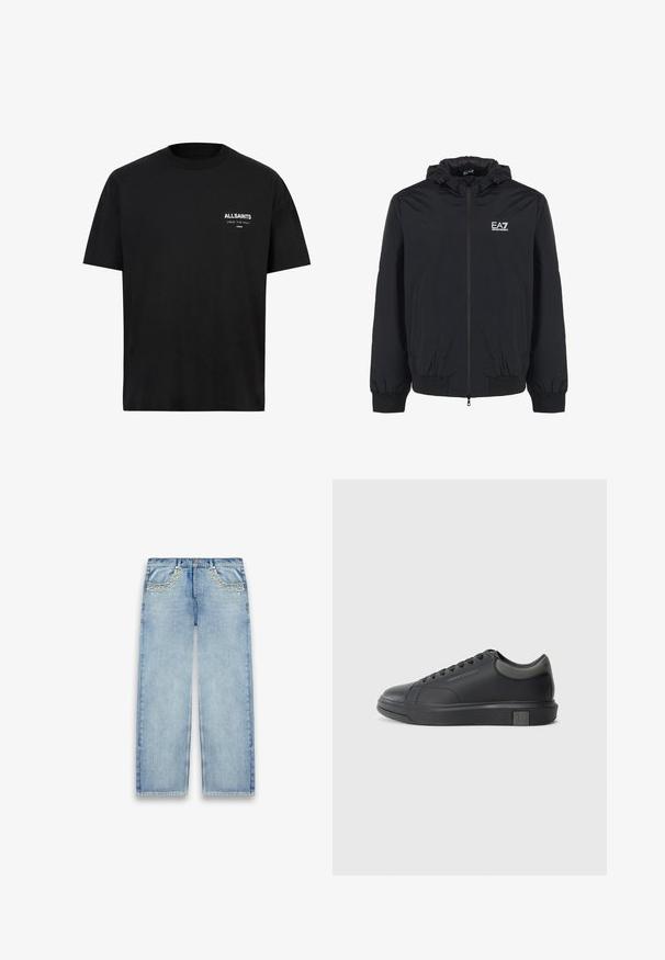 Zwarte capuchonjack met elastische manchetten en zoom, voorzien van een rits aan de voorkant en een geborduurd EA7-logo op de linkerkant van de borst. Lichtgewicht stof.; Zwarte katoen T-shirt met korte mouwen en een ronde hals. Bevat witte tekst "ALLSAINTS" en "LONDEN" op de linkerborst.; Lichtblauwe denim jeans met wijde pijpen en voorkanten zakken versierd met verspreide parel- en strassdetails.; Zwarte leren sneaker met een gladde afwerking, ronde neus en donkergrijze accenten. Beschikt over een vetersluiting en een getextureerde rubberen zool.