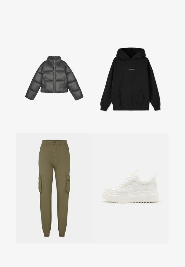 Veste puffer raccourcie en matériau noir brillant, avec un col haut, des manches surdimensionnées, une fermeture éclair et deux poches avant.; Haut noir en coton avec une poche avant, des poignets côtelés et un logo doré "PEGADOR" sur la poitrine. Design simple et décontracté.; Pantalons cargo vert olive en tissu doux, dotés de deux poches latérales, de poignets élastiques et d'une fermeture par bouton à l'avant.; Baskets en cuir blanc avec une semelle épaisse, design à lacets et branding subtil. Présentent une texture lisse et un bout arrondi.
