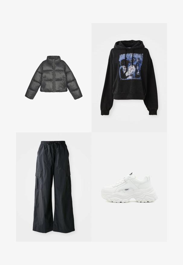 Afkortet pufferjakke i glansfuldt sort materiale, med høj krave, overdimensionerede ærmer, lynlåslukning og to forlommer.; Sort cropped hoodie lavet af bomuld med snøre i hætten. Har et grafisk print i blå, der viser tegn og tekst.; Sorte cargo-bukser lavet af letvægtigt stof, med vidde i benene, elastisk talje og flere sidelommer. Enkle og funktionelle.; Hvide chunky sneakers med en glat læderoverdel, rund tå og tyk tekstureret sål med et synligt brandlogo på siden.