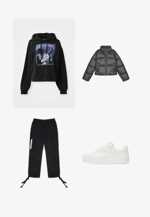 Afkortet pufferjakke i glansfuldt sort materiale, med høj krave, overdimensionerede ærmer, lynlåslukning og to forlommer.; Sort cropped hoodie lavet af bomuld med snøre i hætten. Har et grafisk print i blå, der viser tegn og tekst.; Pegador TANAMI WIDE PANTS - Cargobukser - black; Lave hvide sneakers med snørebånd foran, perforerede detaljer på tå og side samt tyk gummisål.
