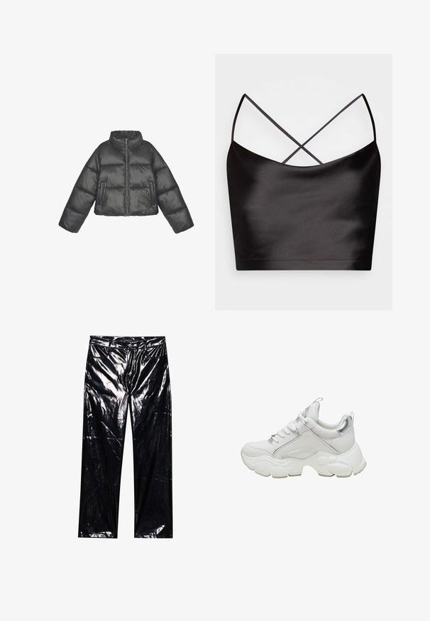Strihnutá puffová bunda v lesklom čiernom materiáli, s vysokým golierom, oversized rukávmi, zipsovým uzáverom a dvoma prednými vreckami.; Even&Odd Top - black; Čierne, lesklé, umelé kožené nohavice so širokými nohavicami, klasickým dizajnom s piatimi vreckami, zapínaním na gombík a zips a lesklou textúrou.; Biele tenisky s masívnou podrážkou, hladkou kožou a striebornými akcentmi na päte a oblasti šnurovania. Majú polstrovaný golier pre pohodlie.