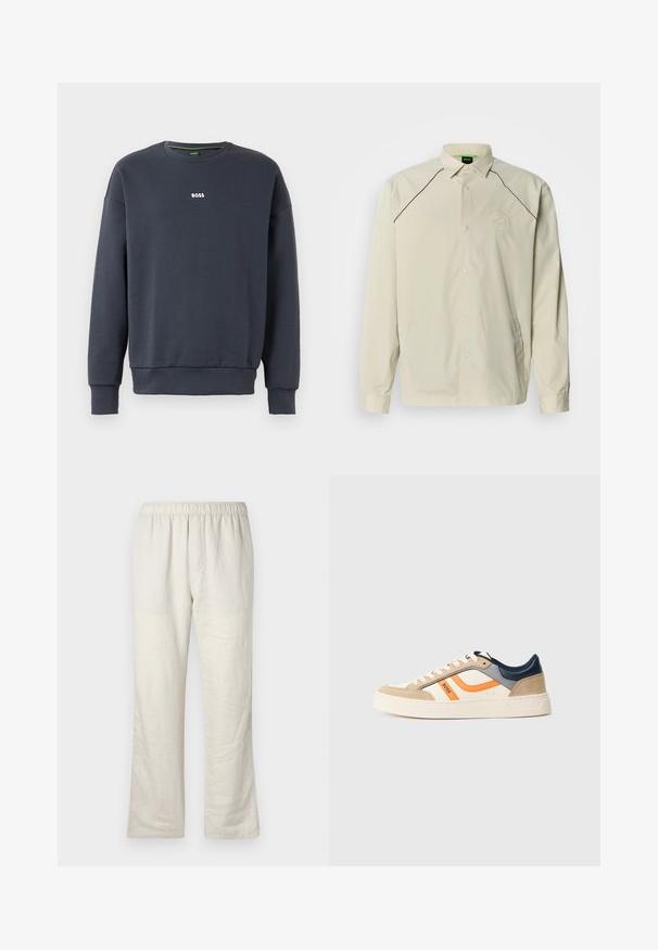 Chaqueta ligera beige con cuello puntiagudo, mangas largas, ribete negro a lo largo de los hombros y un logo circular en el pecho izquierdo.; Sudadera azul marino fabricada en un tejido suave, con cuello redondo, mangas largas y un pequeño logo blanco de "BOSS" en el pecho.; Pantalones de lino beige ligeros con cintura elástica, corte recto y sin bolsillos ni cierres visibles.; Zapatilla baja en beige, blanco, naranja, gris y azul marino con detalles en ante, cordones delanteros, suela blanca y el logotipo "BOSS" en el lateral.