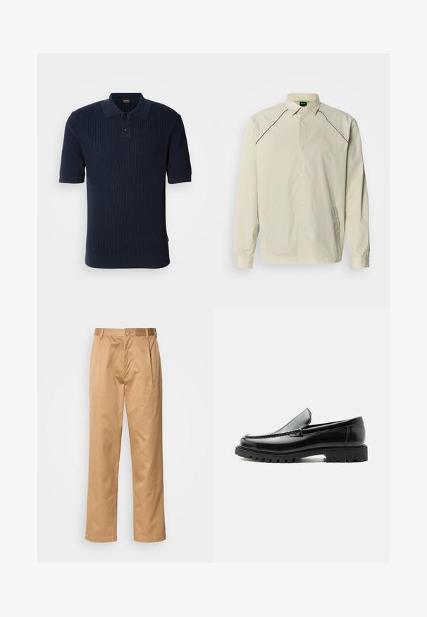 Veste légère beige avec col pointu, manches longues, passepoil noir le long des épaules et logo circulaire sur le côté gauche de la poitrine.; Polo shirt en bleu marine à côtes avec un plastron à deux boutons, des manches courtes et un col plat. Le tissu a une finition texturée et une silhouette ajustée.; Pantalons khaki, en mélange de coton, coupe droite, plis avant, passants de ceinture et fermeture à bouton. Texture lisse sans motifs.; Mocassin en cuir noir avec semelle en caoutchouc épaisse, dessus cousu et nom de marque embossé sur le talon, présenté de profil sur fond blanc.