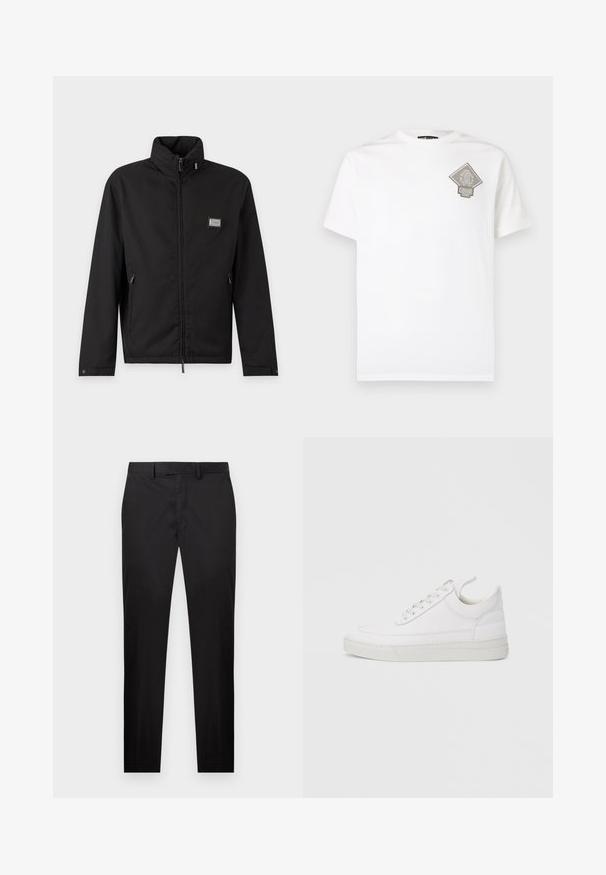 Veste noire zippée avec col haut, poches latérales zippées et un petit patch logo rectangulaire sur la poitrine gauche.; T-shirt en coton blanc avec un logo gris en forme de losange sur la poitrine gauche. Manches courtes, col rond et coupe standard.; Pantalon noir slim avec passants pour ceinture, fermeture avant par bouton et zip, et poches latérales, présenté sur un fond blanc.; Baskets en cuir blanc avec un embout arrondi, une semelle plate et un laçage à l'avant. Présentent des détails de couture et un col rembourré pour plus de confort.