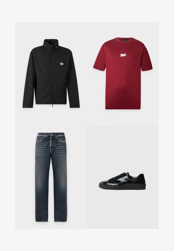 Zwarte jas met ritssluiting, hoge kraag, ritszakken aan de zijkant en een klein rechthoekig logopatch op het linkerborstgebied.; Bordeauxkleurig T-shirt met korte mouwen en een ronde hals met een klein zilverkleurig logo in het midden van de borst.; Donkerblauwe spijkerbroek met een relaxed fit, met subtiele vervaging, een rechte pijp en een klassiek vijf-pocket ontwerp.; Zwarte gepatenteerde leren sneakers met een ronde neus, vetersluiting, een gestructureerde rubberen zool en een glanzende afwerking.