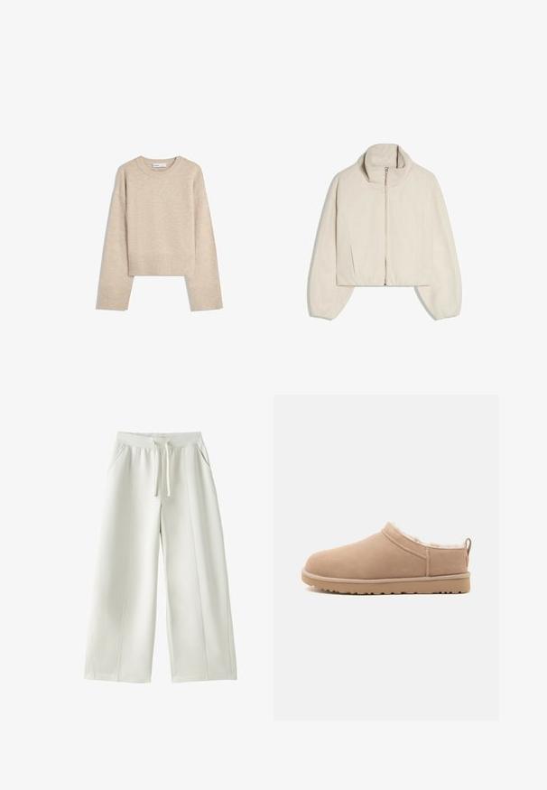 Beige cropped jack met lange mouwen, hoge kraag en rits aan de voorkant, getoond tegen een witte achtergrond.; Beige cropped sweater gemaakt van zacht breimateriaal. Heeft een ronde halslijn, lange mouwen en geribde boorden en onderkant voor extra textuur.; Witte broek met brede pijpen, elastische tailleband, trekkoord aan de voorkant, zijzakken en zichtbare naaddetails op een effen achtergrond.; Beige instap pantoffel met zachte suède buitenzijde, pluche witte bontvoering en rubberen zool met profiel, getoond in zijaanzicht.