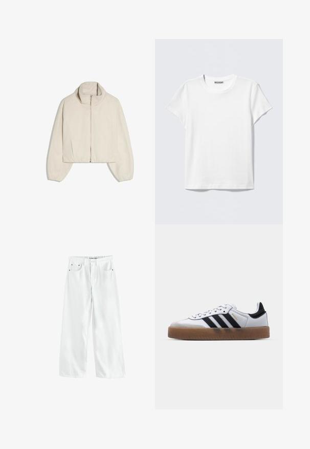 Beige cropped jack met lange mouwen, hoge kraag en rits aan de voorkant, getoond tegen een witte achtergrond.; Effen wit T-shirt met korte mouwen en een ronde hals met een "WEEKDAY" label aan de binnenkant van de kraag, getoond op een lichtgrijze achtergrond.; Witte denim broek met brede pijpen, een hoge taille, twee voorzakken en subtiele goudkleurige accenten. Soepele textuur, casual ontwerp.; Witte leren sneakers met zwarte strepen, gumrubberen buitenzool, ronde neus, vetersluiting en een zachte grijze suède neuskap.