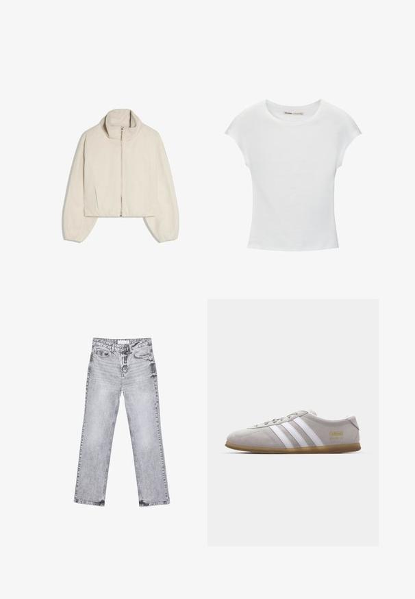 Veste courte beige à manches longues avec col montant et fermeture éclair à l'avant, présentée sur fond blanc.; T-shirt en coton blanc avec manches courtes retroussées, encolure ronde et ourlet droit. Texture lisse sans motifs ni accents visibles.; Jean en denim gris avec une coupe droite, des détails déchirés, cinq poches et des rivets en cuivre. La ceinture présente une étiquette de logo.; Baskets en daim gris avec des rayures en cuir blanc et un logo doré. Semelle en gomme plate, bout rond et design classique à lacets.