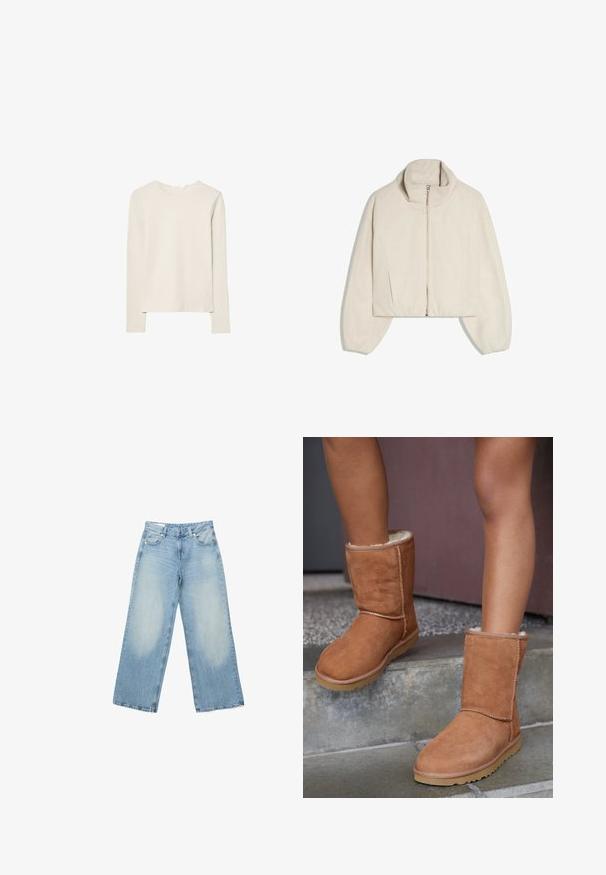 Veste courte beige à manches longues avec col montant et fermeture éclair à l'avant, présentée sur fond blanc.; Haut beige clair à manches longues en tissu doux, avec un col rond et une coupe décontractée, un ourlet droit et un minimum de détails de couture.; Jeans denim à jambes larges bleu clair avec des zones délavées sur l'avant des cuisses, design à cinq poches et fermeture par bouton à la taille.; Bottines en suede marron, à bout rond, avec une doublure douce et une semelle en caoutchouc, présentant des détails de couture visibles le long des coutures.