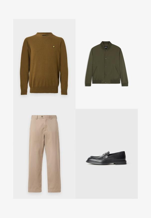 Blouson bomber homme vert olive avec col, poignets et bas côtelés, boutons-pression devant et deux poches latérales.; Pull marron à manches longues et col rond avec des poignets et un ourlet côtelés, arborant un petit logo oiseau jaune sur le côté gauche de la poitrine.; Pantalons chino beige en coton léger, avec fermeture éclair et bouton, et coupe droite avec poches avant.; Mocassins en cuir noir avec une finition texturée, dotés d'une bride décorative à l'avant et d'un bout arrondi. Semelle en caoutchouc pour plus de durabilité.
