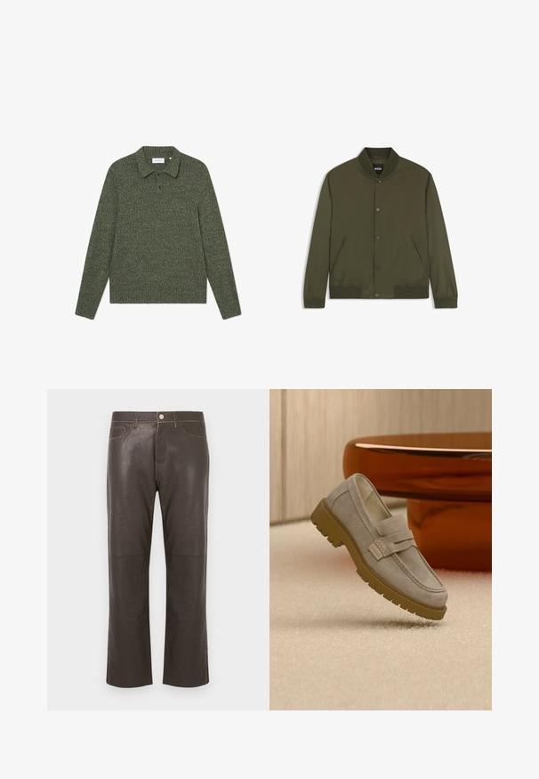 Ανδρικό μπουφάν bomber σε ελαιώδη πράσινο με ριμπ κολάρο, μανσέτες και τελείωμα, μπροστινά κουμπιά με πατιλέτα και δύο πλαϊνές τσέπες.; Πράσινο πλεκτό πουλόβερ με κολάρο, μακριά μανίκια και υφασμάτινο μοτίβο. Διαθέτει παρτίδα δύο κουμπιών και διακριτή σήμανση.; Καφέ σκούρο δερμάτινο παντελόνι με ίσια γραμμή, με κουμπί στο μπροστινό μέρος, φερμουάρ, θηλιές για ζώνη και διακοσμητικές ραφές σε αντίθετο χρώμα.; Φωτεινό γκρι μοκασίνι από σουέτ με χοντρή καφέ λάστιχη σόλα, τοποθετημένο σε μπεζ χαλί μπροστά από ένα θολό καφέ στρογγυλό τραπέζι.